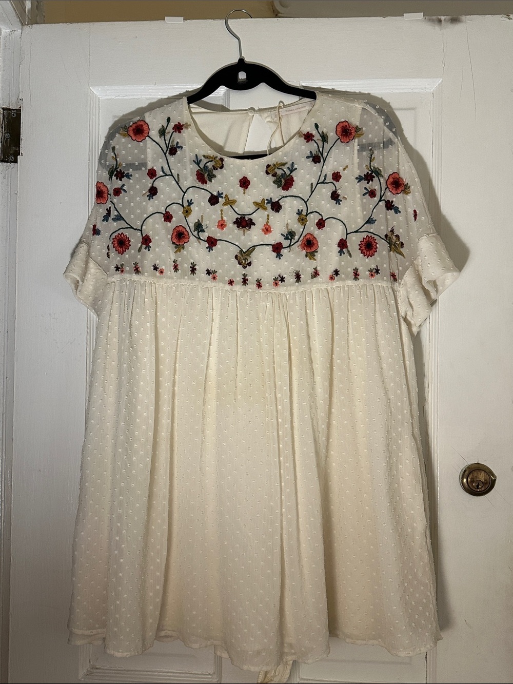 Zara Cream Swiss Dot Babydoll Dress with Floral Embroidery, Romper short under